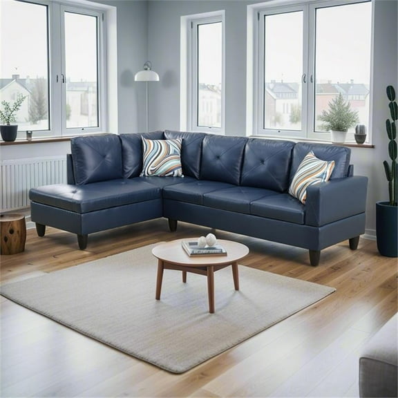 Pemberly Row Modern Faux Leather Left Facing Sectional Denim