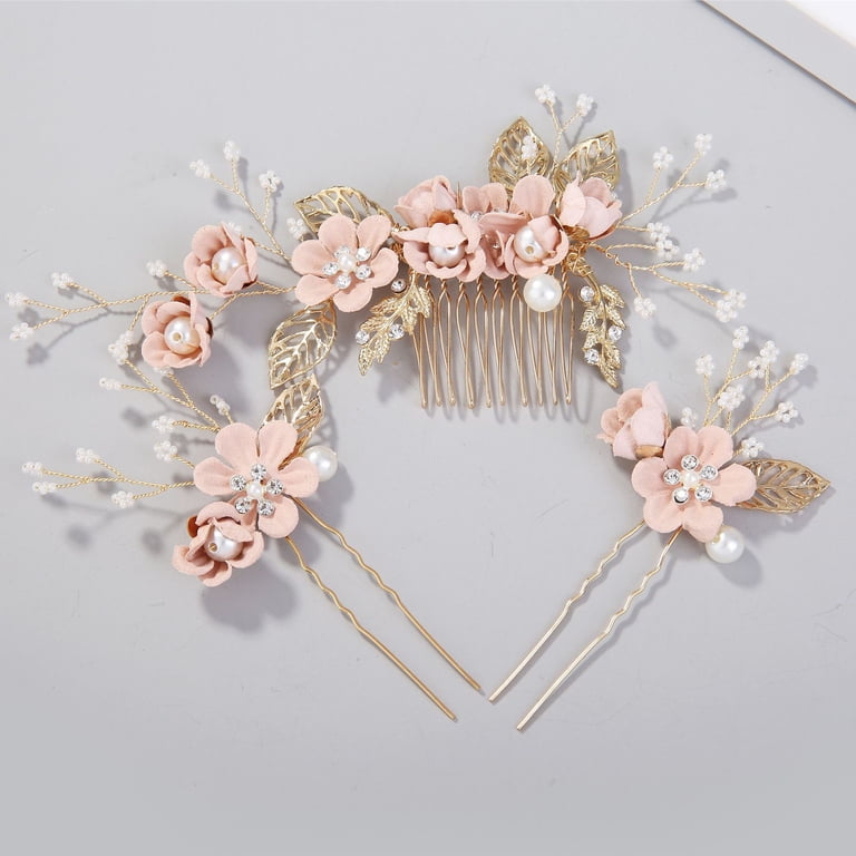 Pink Rhinestone Hair Barrette Crystal Floral Clip Wedding Bridesmaid Jewelry NUOBESTY Pink Rhinestone Bride Hair Clip Set - 4Pcs Floral  main image 4