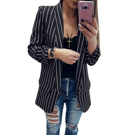 JLONG 1Pcs Womens Casual Work Striped Blazer Slim OL Suit Jacket Button Coat Tops Outwear