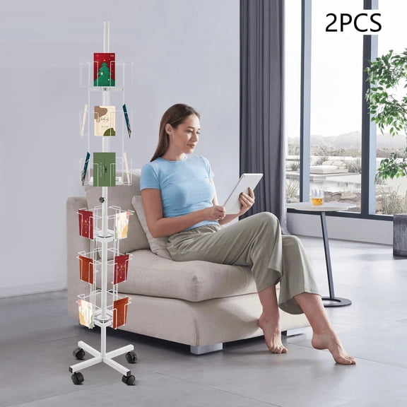 6-Tier 32-Pocket Rotating Iron Greeting Card Stand - Mobile Display Rack with 4 Wheels
