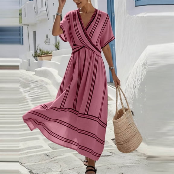 TaTaai Women's Spring Summer Striped Dress V-Neck Short Sleeve Wrap Front Flared Loose Casual Maxi Long Dress for Daily Beach Wear Gift