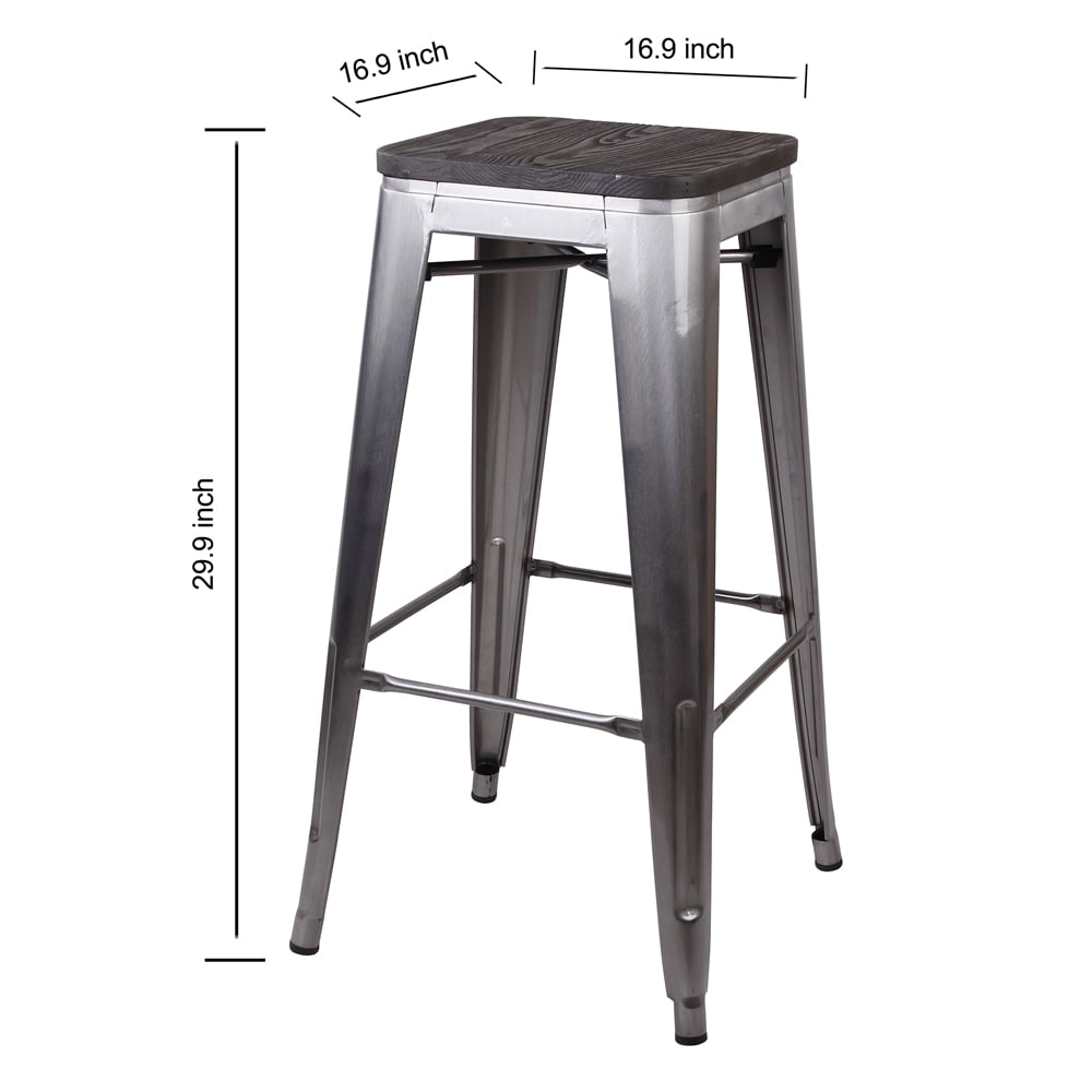 GIA Design Group 30 Inch Bar Height Backless Metal Stool with Dark Wood Seat, Gunmetal