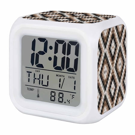 Alarm Clocks Wood Grain Digital Clock 7 Color LED Night Light Silent Non-Ticking Battery Operated Abstract Geometric Tribal Cube Clocks Decorative for Bedroom Bedside Living Room Office School Decor