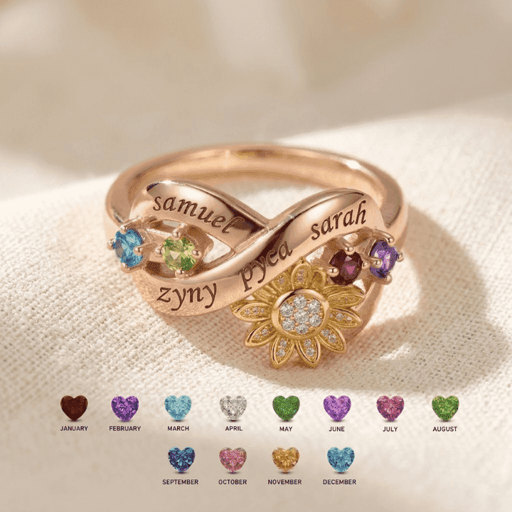 Personalized Sunflower Name Birthstone Ring for Mom | Custom Family Infinity Ring Gift | Mothers Day Jewelry for Grandma