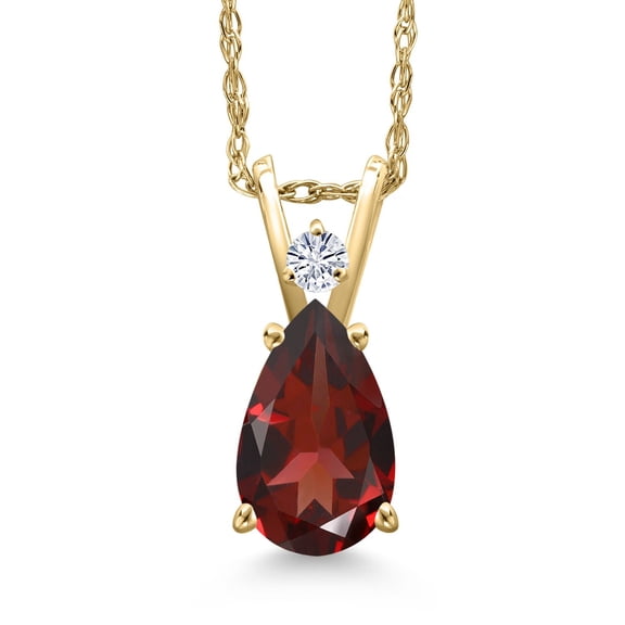 Gem Stone King 14K Yellow Gold Red Garnet and White Moissanite Pendant Necklace for Women | 1.44 Cttw | Gemstone January Birthstone | Pear Shape 9X6MM | With 18 inch Chain