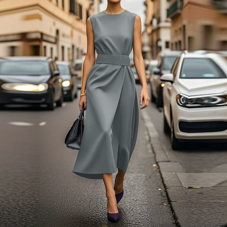 boat neck dress knee length Allegra K Sleeveless Sheath Boat Neck Casual Office Solid Midi Dress, Pink / XL