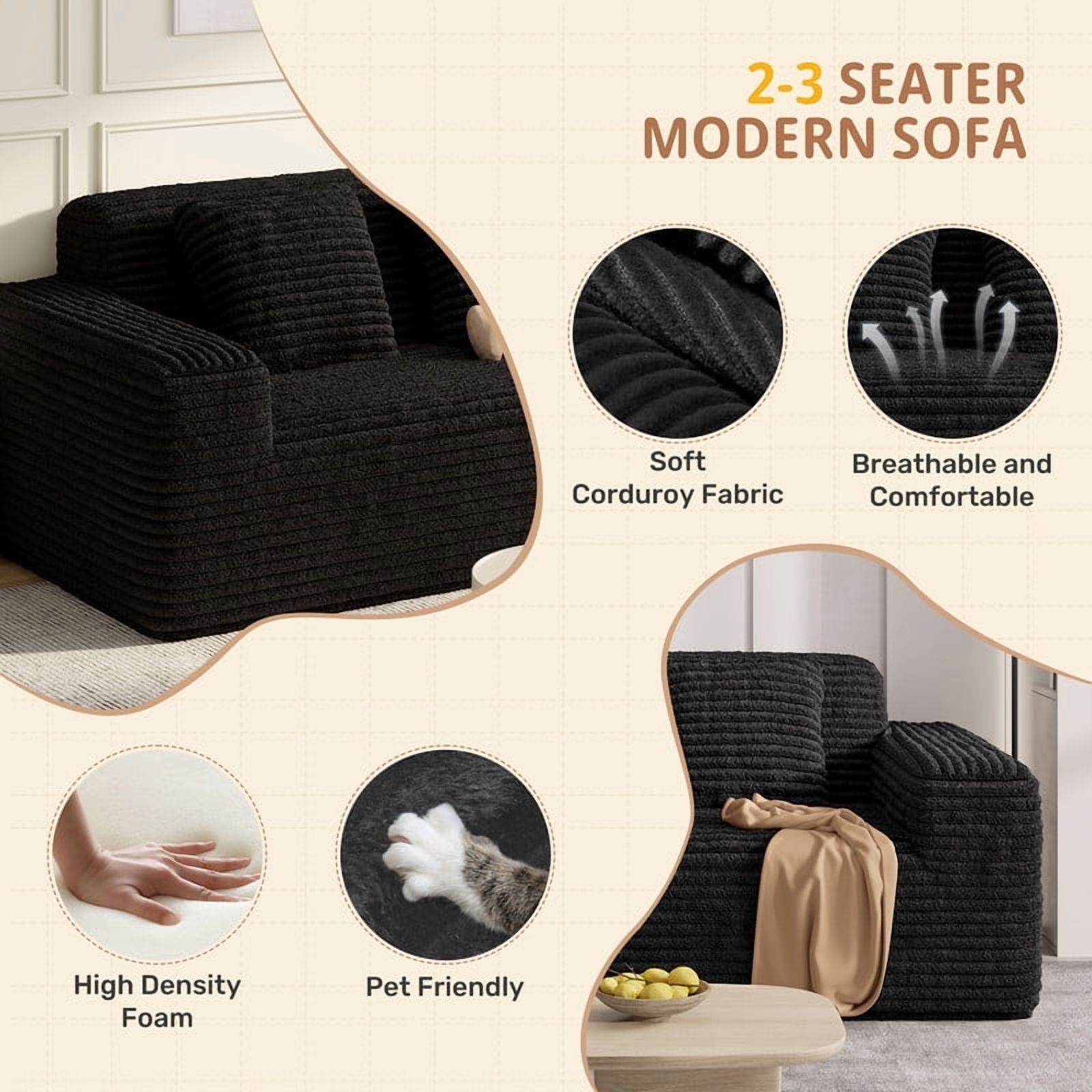 Hawsaiy 75" Wide Wale Corduroy Loveseat Sofa with Wide Armrests & Removable Pillows, No Assembly Foam Couch, Vacuum Packed, High-Density Support, Black