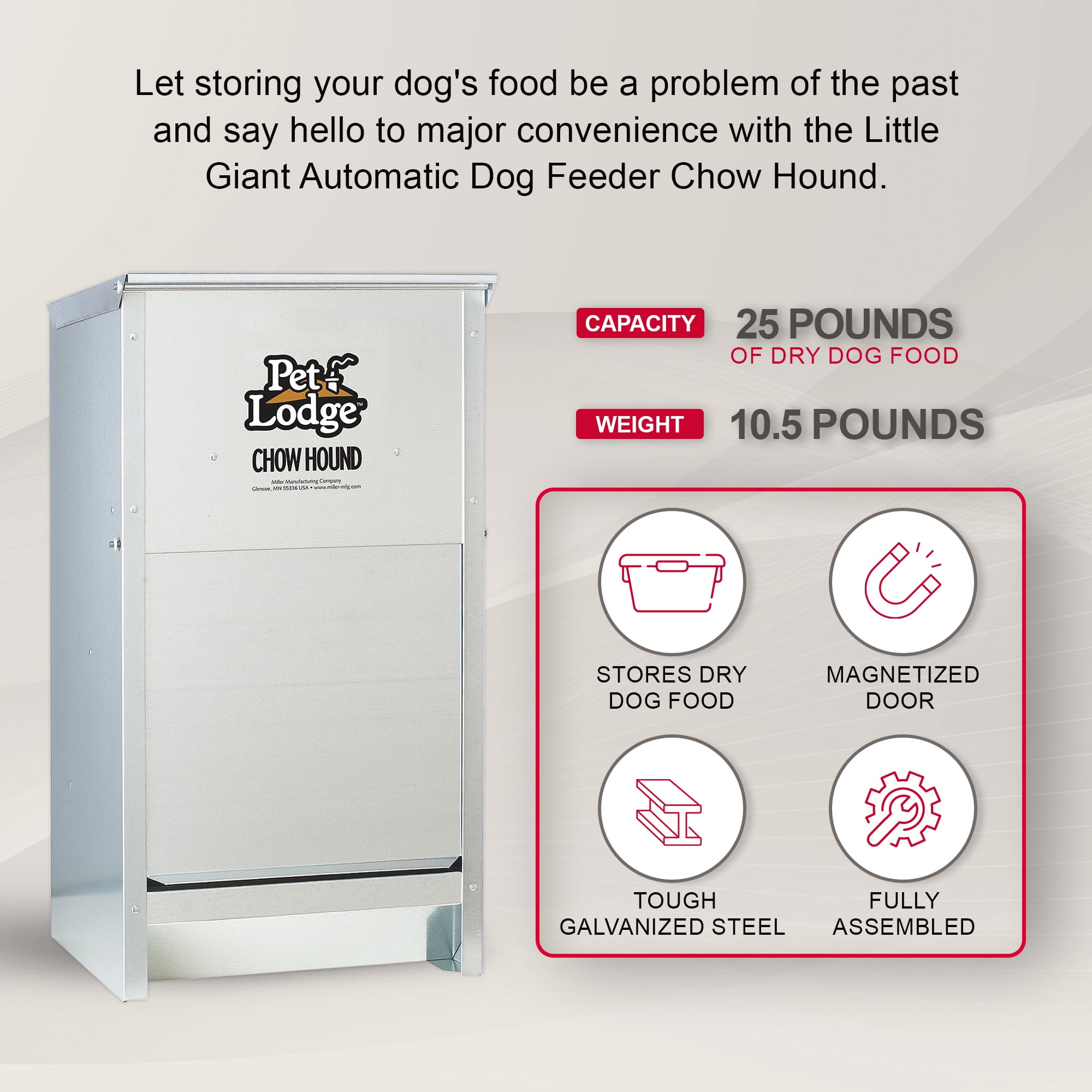 Pet Lodge Dry Food Automatic Steel Dog Feeder Chow Hound 25 Pound Capacity
