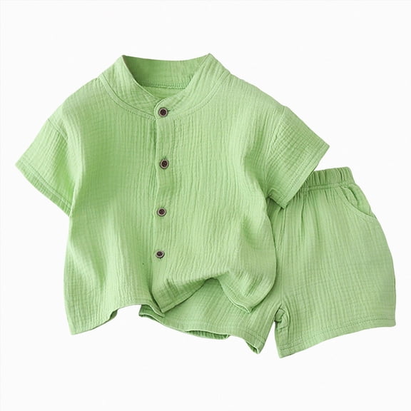 Infant Baby Boy Summer Clothes Set Solid Cotton Muslin Button-Down Shirt and Shorts Set Casual Toddler Baby Outfit