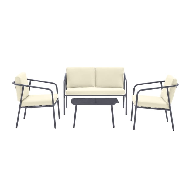 Sala Exterior Para Jardín Terraza 4 Piezas Con Mesa De Vidrio beige