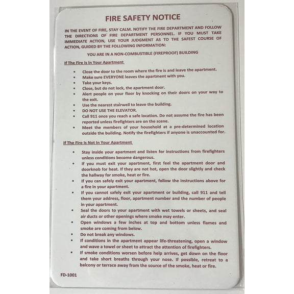 Fire Safety Notice SIGN- Fire Proof building ( Aluminum Sign,8-1/2" X 5-1/2", Plus two sided sticker)