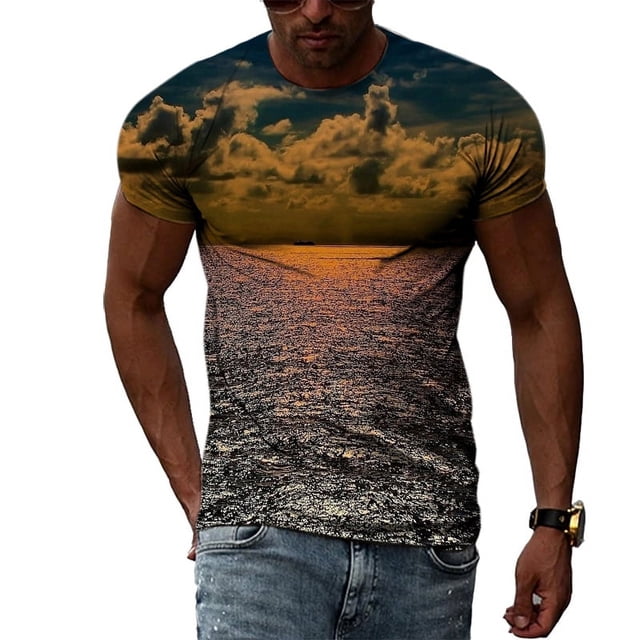 Nouveau T-shirt Motif Paysage Naturel pour Hommes Élément de Rue Hip Hop Col Rond Vêtements Personnalité Mode Décontractée Manches Courtes