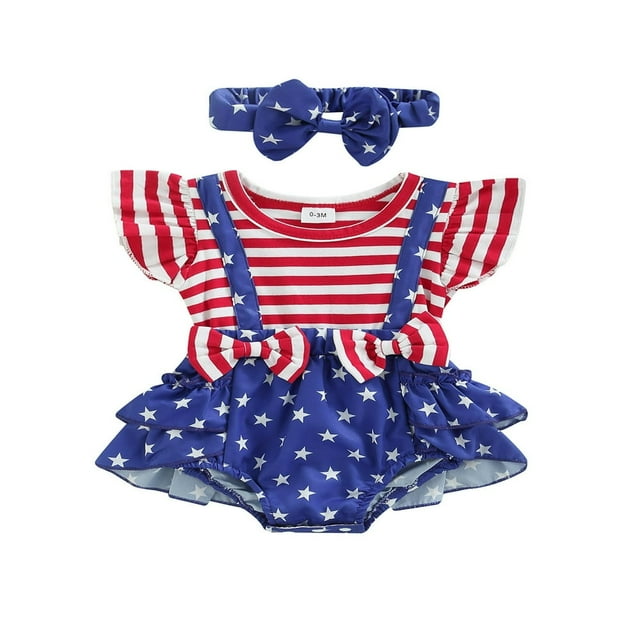 Baby Two Piece Set Infant Fly Sleeve Neck Stripe Star Pattern Romper Elastic Matching Headbands Red Blue 9-12 Months