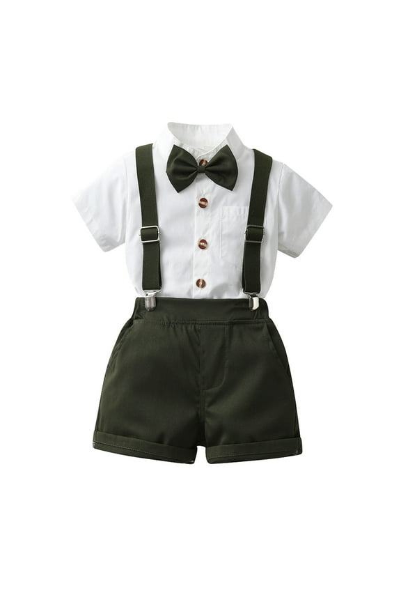 Baby Outfits Baby Boy Formal Short Set Toddler Summer Gentleman Outfit Kid Short Sleeve Bowtie Shirt Suspender Shorts Suit(Dark Green,3-4 Years)