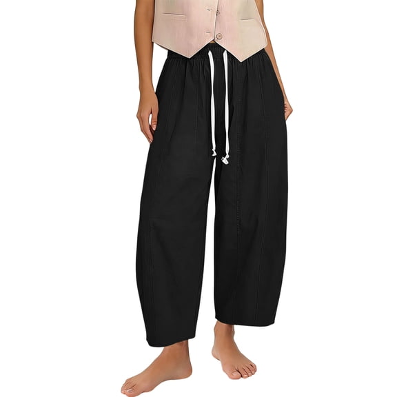 Yutgune Cotton Linen Barrel Pants Women Drawstring Elastic Waist Baggy Harem Pants Lightweight Travel Summer Pants