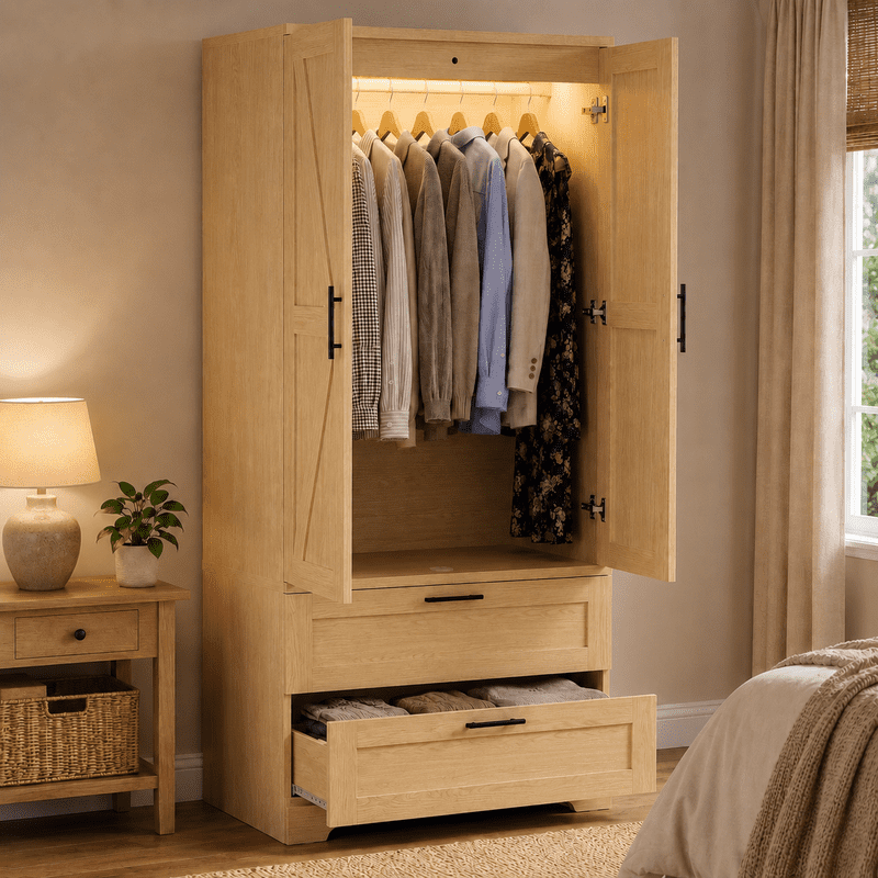 Lacoo Beige Wardrobe Armoire, 70.8 in, 2 Drawers, Motion-Sensor Light