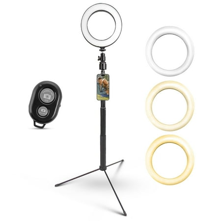 iDance LED Ring Light with Cell Phone Holder 6 USB Powered with Bluetooth Remote Control and Foldable Adjustable Tripod Stand Selfie Makeup Ring Light