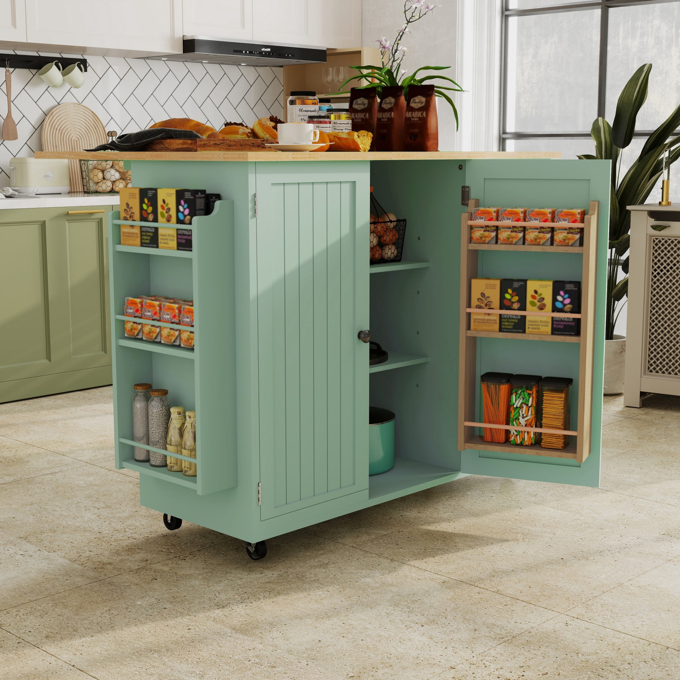 50.4" Kitchen Island with Storage,  Expandable Solid Wood Top Cart with Drop Leaf and Wheels, Green