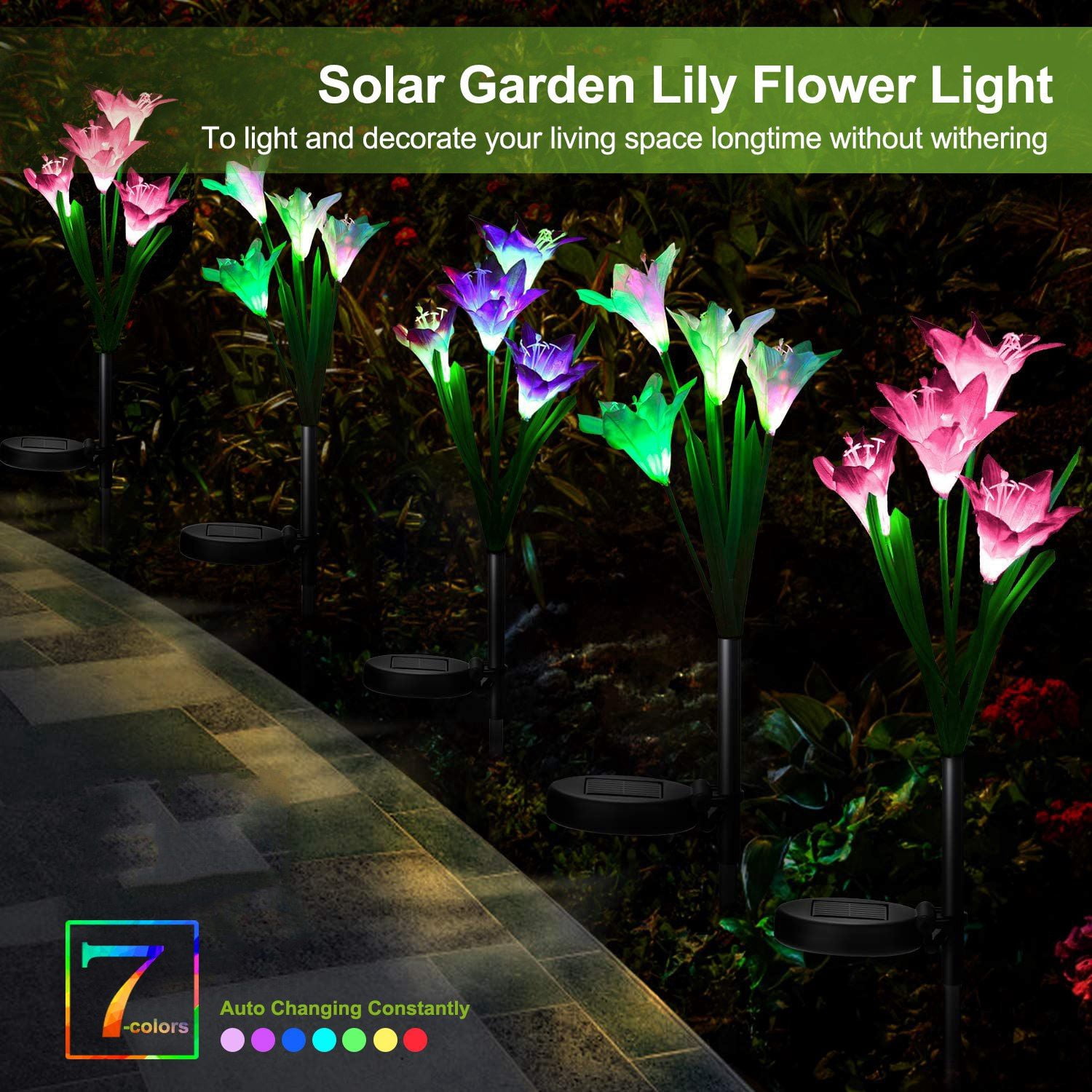 2-Pack Solar Lily Flower Garden Lights with 7-Color Changing LEDs, IP65 Waterproof, Adjustable Stems, Auto On/Off for Pathway Garden Yard Decor