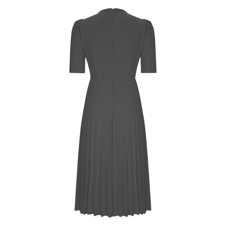 Zquuvou Women's Casual Dress Solid Color Round Neck Short Sleeve Midi Pleated Dress Gray,2XL