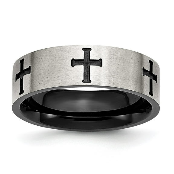 Stainless Steel Brushed/Polished Black IP-plated Crosses 7mm Band