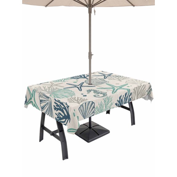 Outdoor Tablecloth with Umbrella Hole, Blue Teal Coastal Waterproof Outdoor Table Cover, Summer Beach Starfish Coral Nautical Rustic Patio Tablecloths for Party Picnic Camping, Rectangle 60"x84"