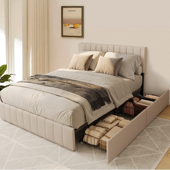 Zocalo Base de Cama  Full Size | Cama con Almacenamiento, Respaldo Ajustable y 4 Cajones-Beige