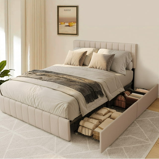Zocalo Base de Cama Full Size | Cama con Almacenamiento, Respaldo Ajustable y 4 Cajones-Beige