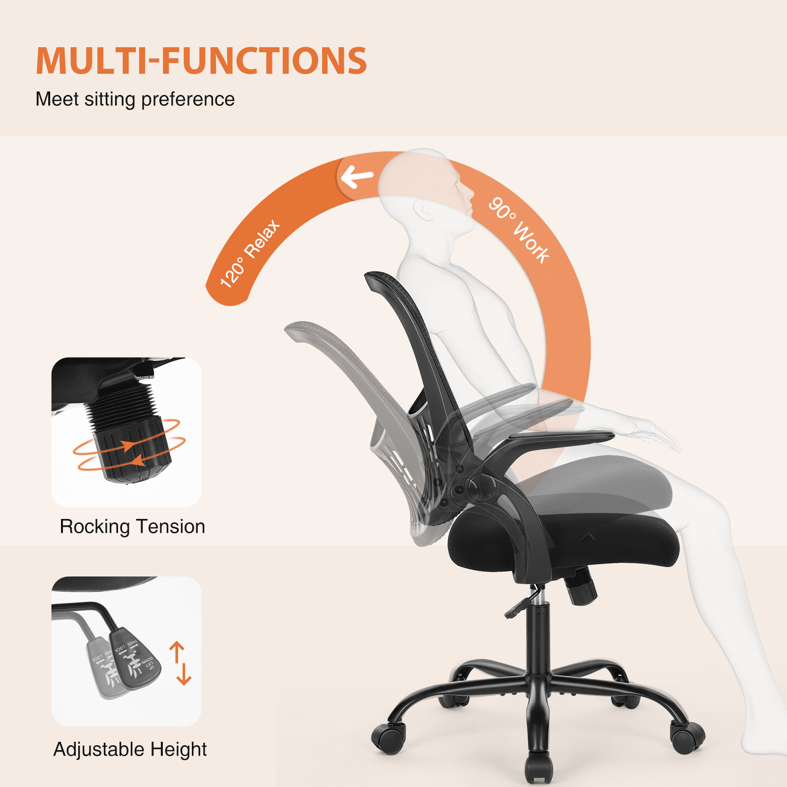 JIOABL Ergonomic Office Desk Chair, Adjustable and Flip-up Armrest Mesh Computer Chair with Lumbar Support Armrest Swivel Task Chair for Adults, Black