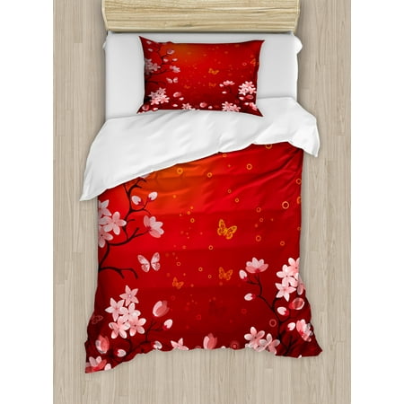 Red Twin Size Duvet Cover Set Ethereal Abstract Sunset Scenery With Red Twin Size Duvet Cover Set Ethereal Abstract Sunset Scenery With Blossoming Sakura Sprigs And