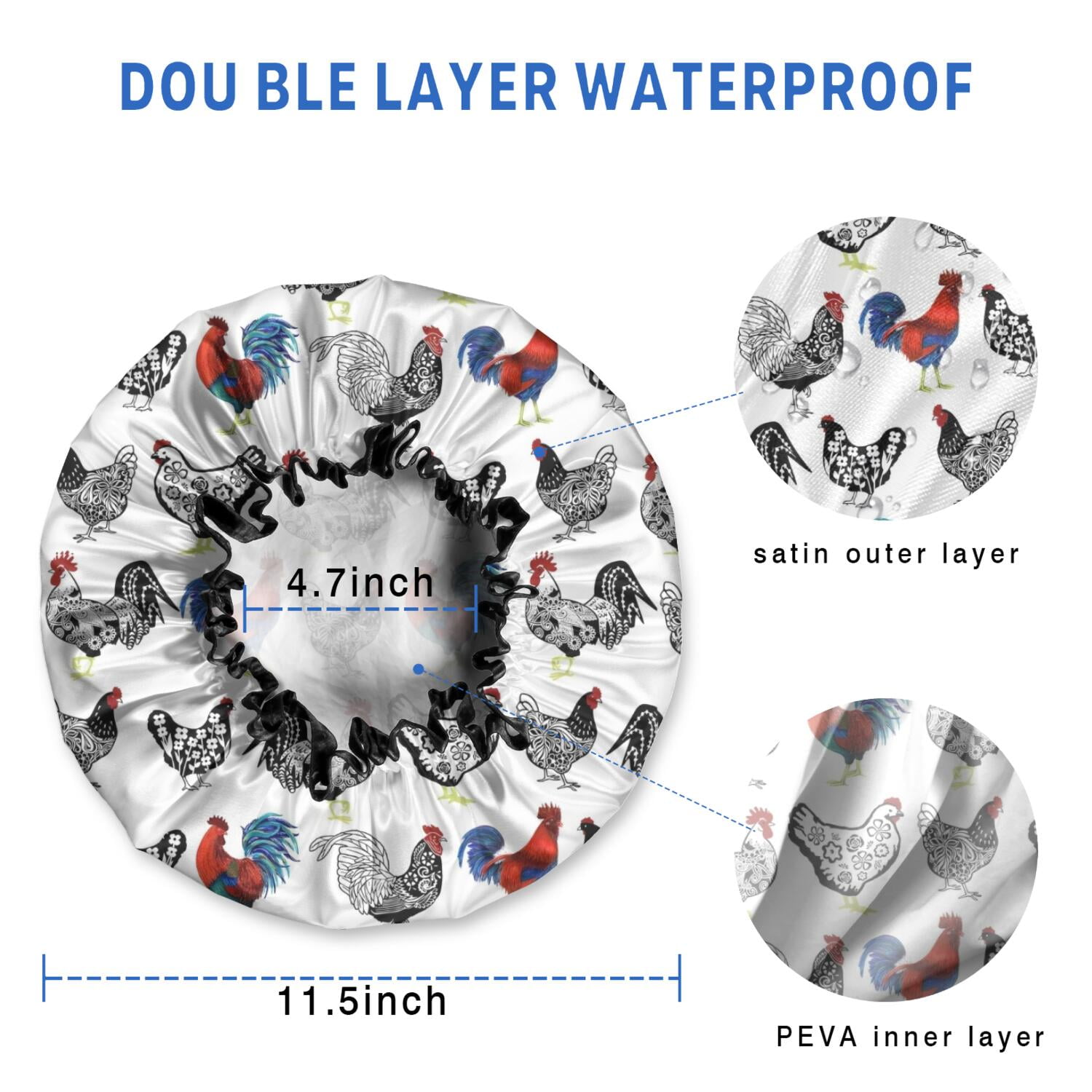 Shower Caps,White Chicken Folk Pattern Waterproof Shower Cap for Women 4 Pieces,Double Reusable Hair Cover for Shower PEVA Elastic Stretch Hem
