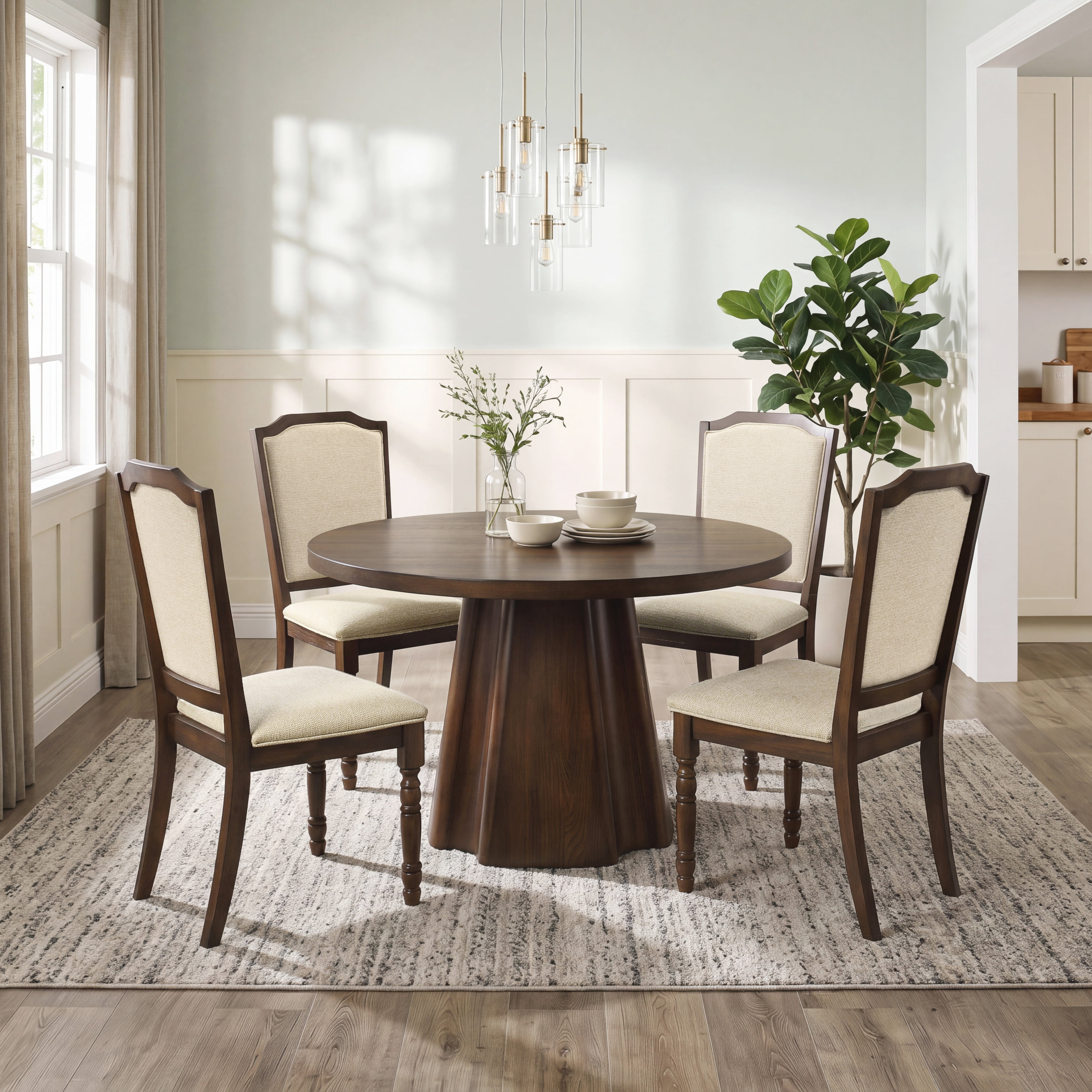 Roundhill Furniture Fantail 5-Piece Dining Set, Round Dining Table with 4 Iris Chairs, Walnut Finish
