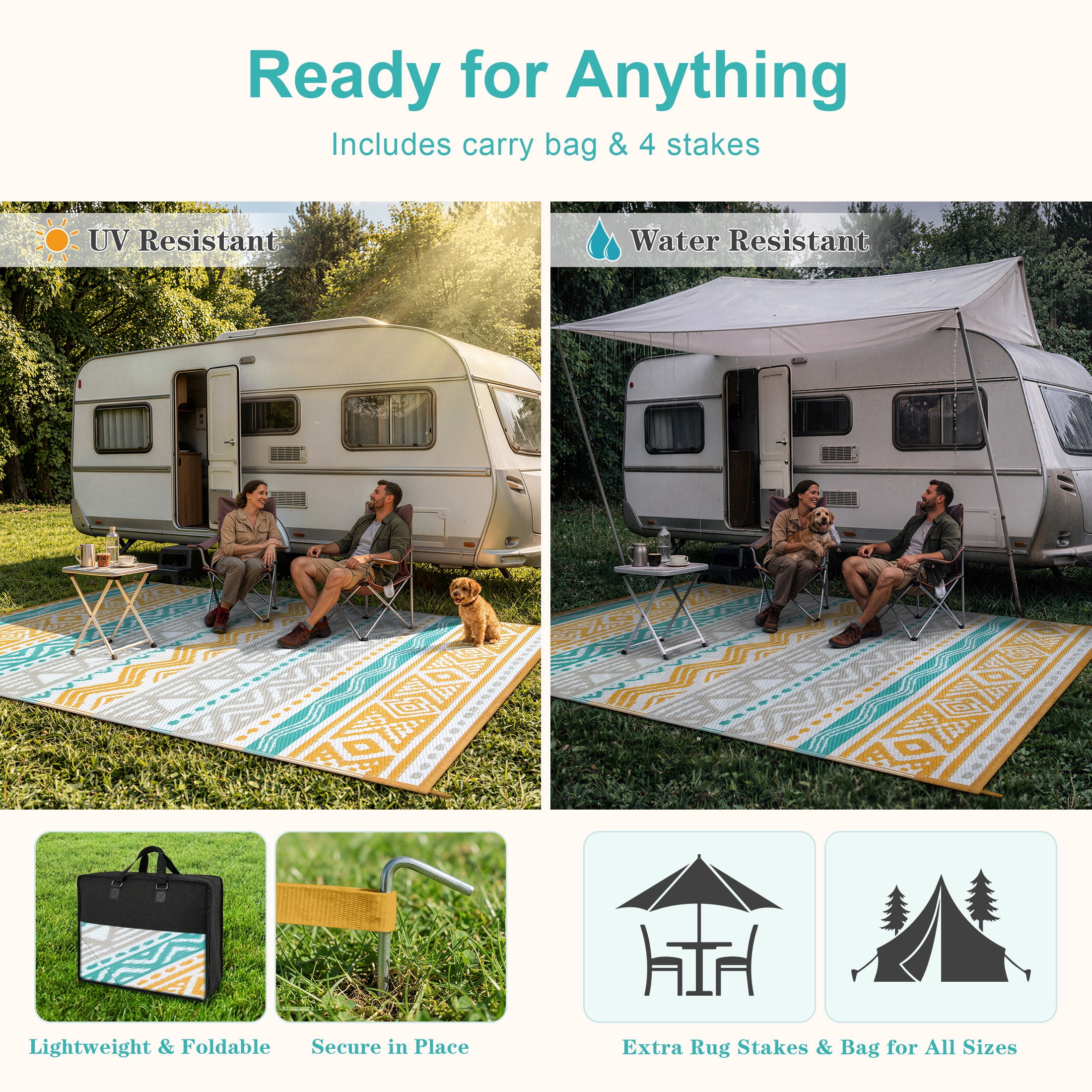 Moynesa Outdoor Rug Waterproof, 4'x6' Lightweight Plastic Straw Rug for Camping RV, Reversible Outside Carpet for Patio Deck Porch Balcony Picnic Tent, Blue/Yellow