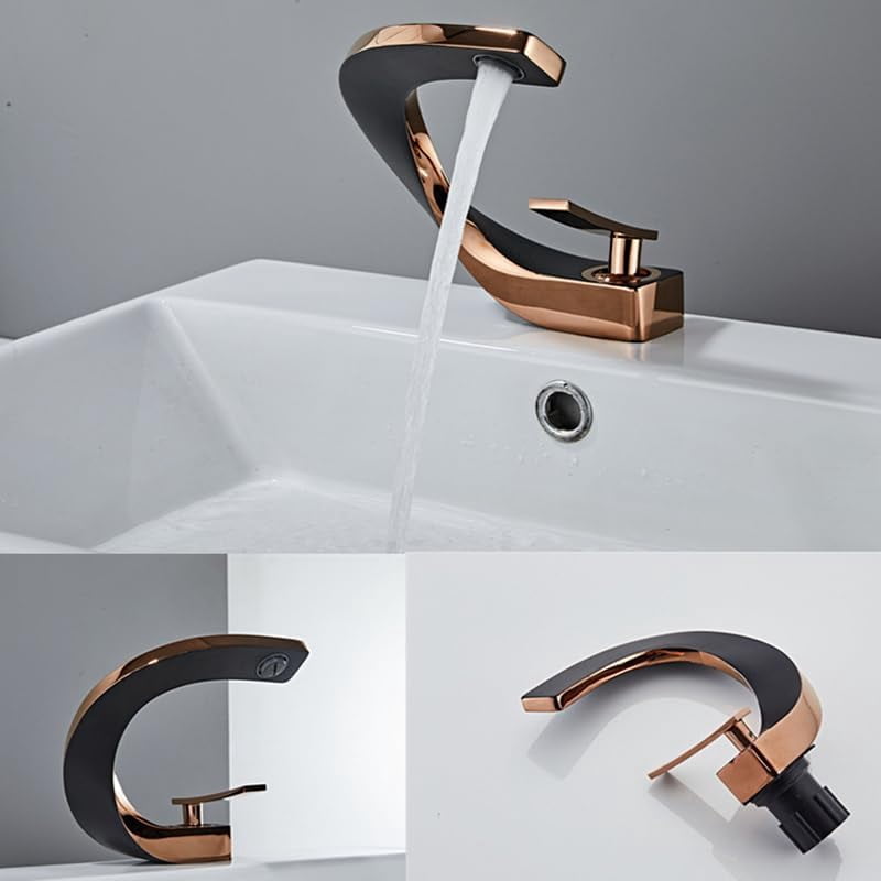 SOKNARKU Modern Bathroom Sink Basin Faucet Brass Single Hole Single Handle Deck Mount Cold And Hot Mixed Creative Design Tap Including Two US Standard 3/8 Hoses Black Rose Gold