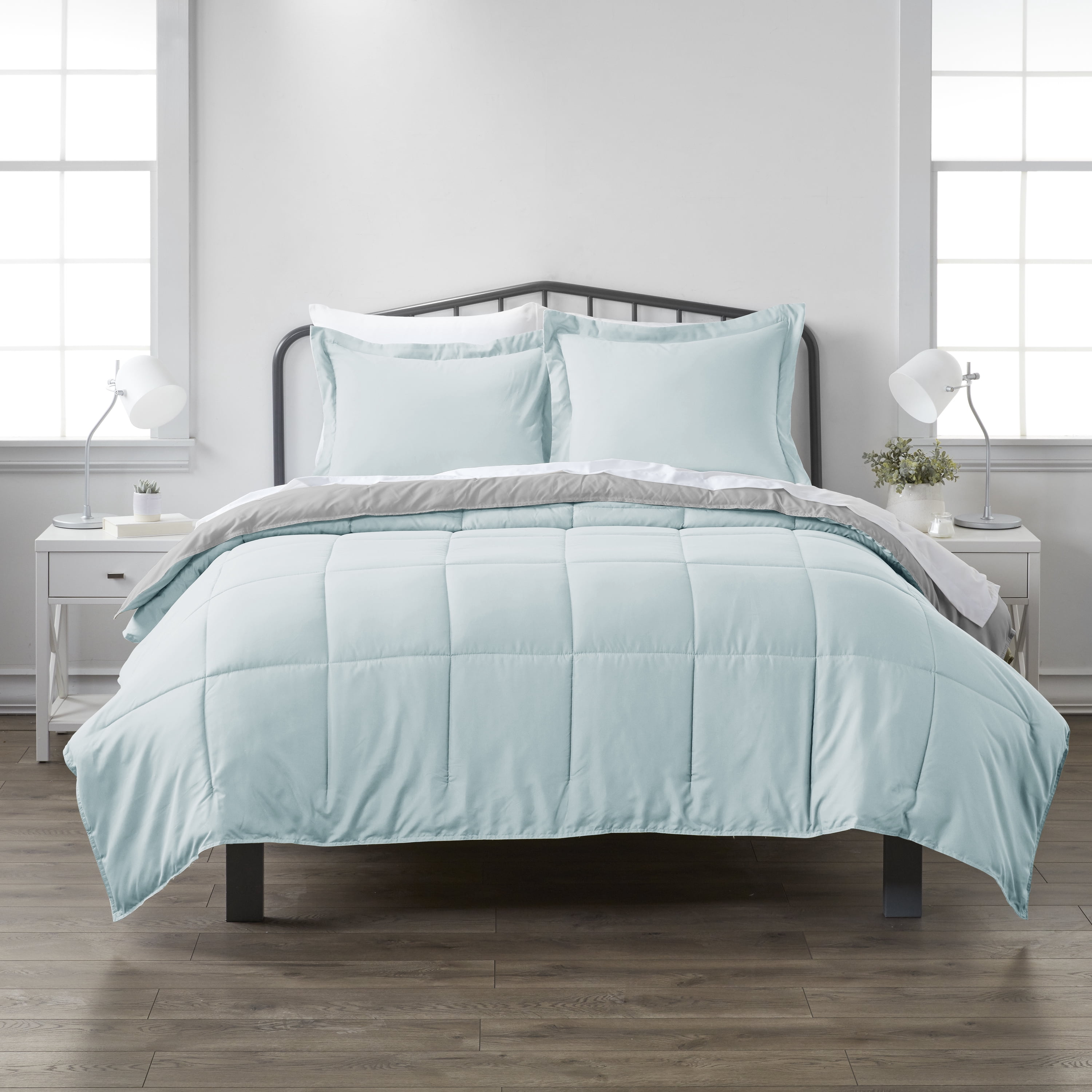 Noble Linens Soft 3-Piece Aqua & Gray Reversible All Season Lightweight Down Alternative Comforter Set, King/Cal King
