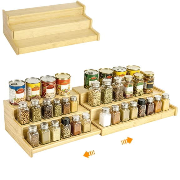 Extendable 3 Tier Spice Rack Organizer, Natural Wood Kitchen Cabinet Pantry Organizer & Countertop Display Shelf, Desktop Seasoning Storage for Spice Bottles, Cosmetics, 13.8 x 7.9 x 4.7 in