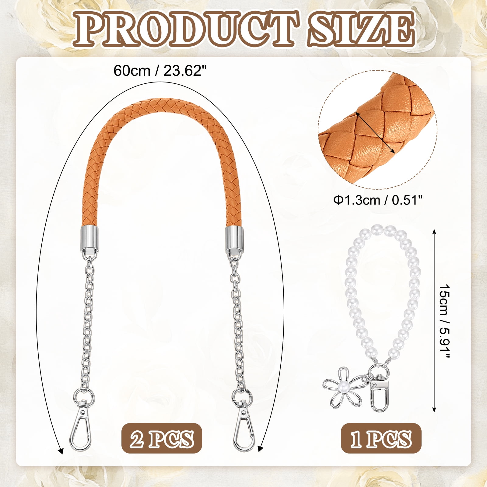 Uxcell 2 Pcs PU Leather Chain Purse Strap, 23.6 Inch Braided Purse Handles Replacement Strap with Pearl Pendant for Tote Bag Handbag Underarm Bag (Yellow, Silver Chain)