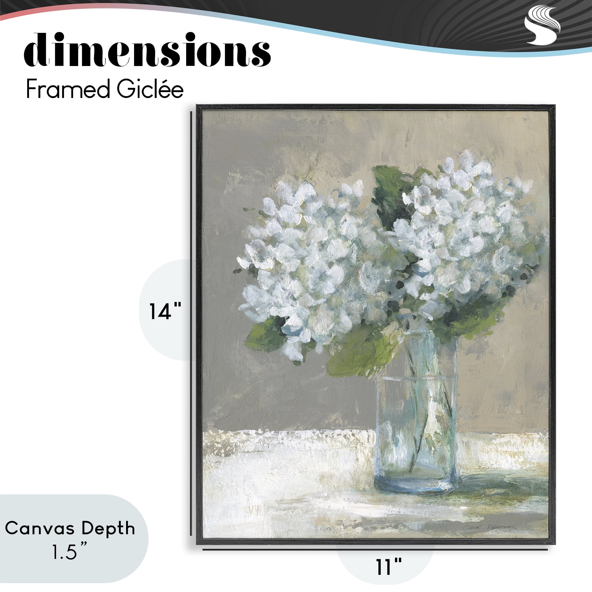 Stupell Industries White Hydrangeas Glass Vase Black Framed Giclee Art, design by Carol Robinson