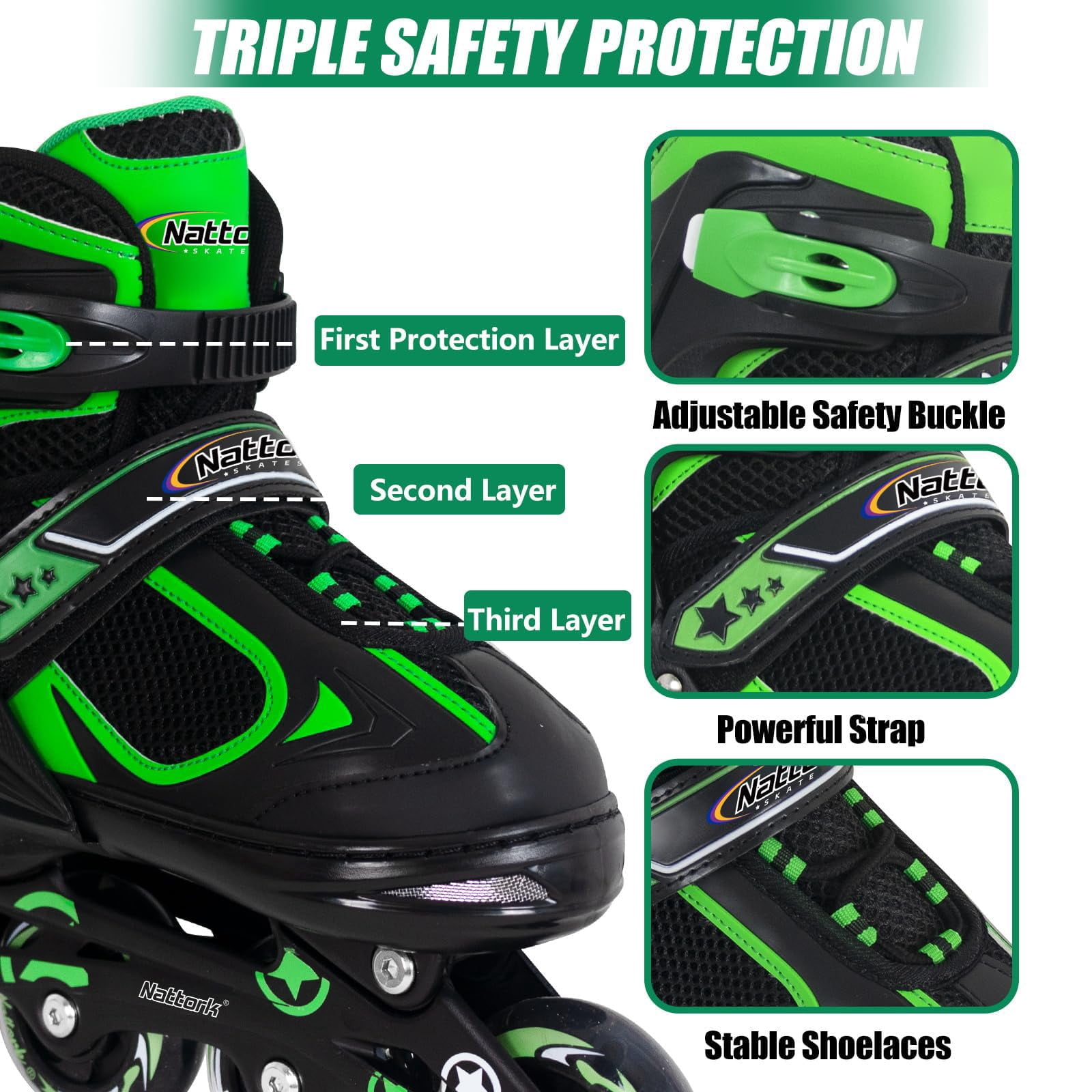 MammyGol Adjustable Inline Skates with Light-Up Wheels for Boys Girls Outdoor Sports, Comfort Youth Kids Skates Green 9-12