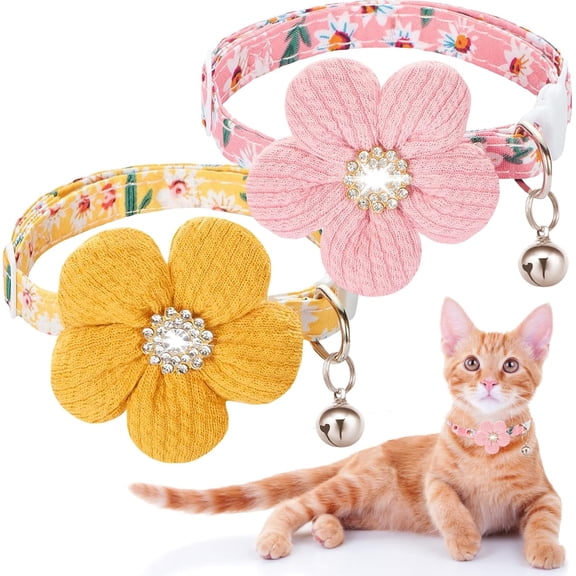 Cat Collar,  Breakaway Kitten Collar with Flower,Rhinestone Kitty Collar with Bell, Floral Pet Collar with Safety Buckle for Cats and Puppy Dog