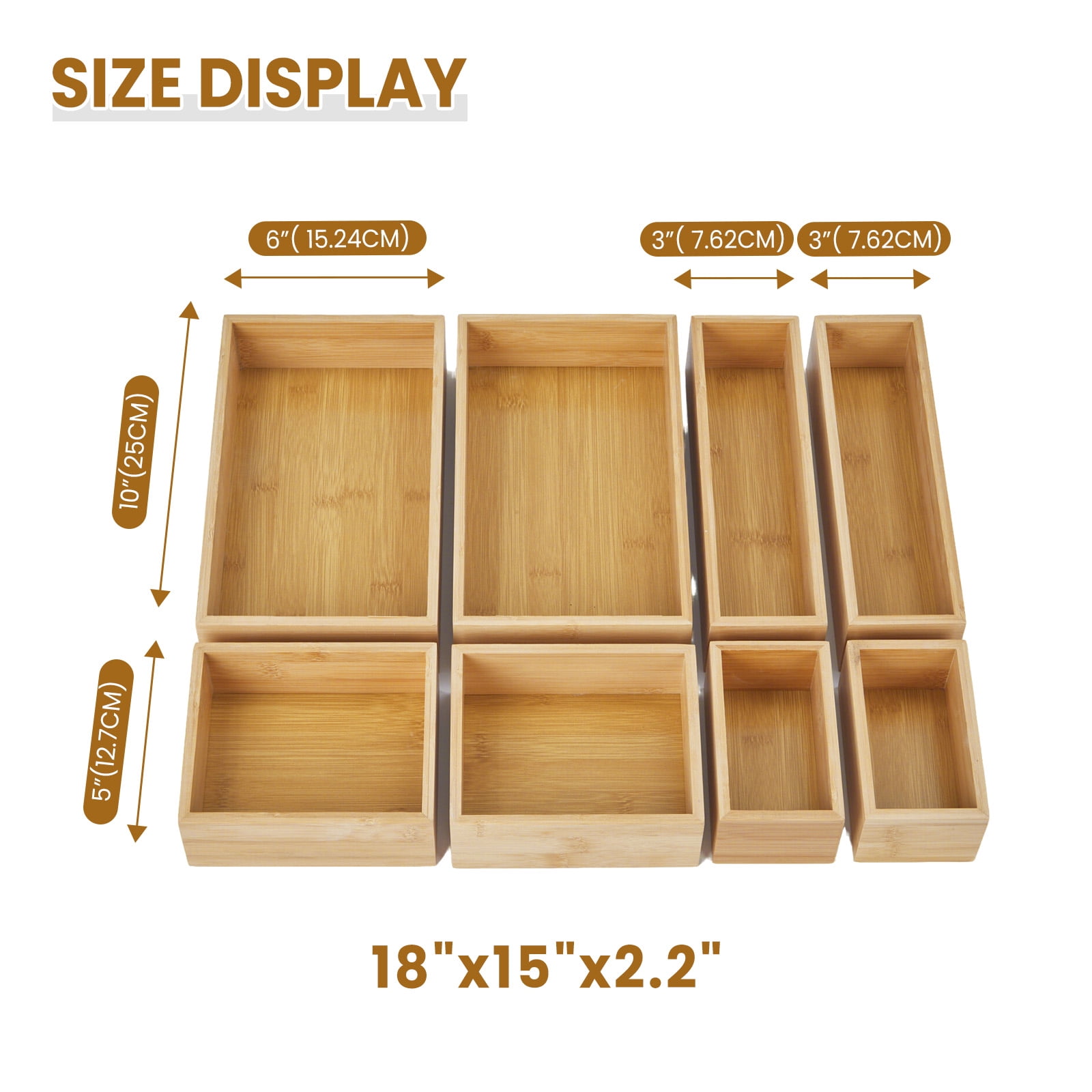 8-Piece Bamboo Drawer Organizer Set, 15x18 inch Wooden Storage Trays for Kitchen, Office & Vanity, Stackable & Expandable Drawer Dividers for Utensils, Jewelry, Makeup & Accessories