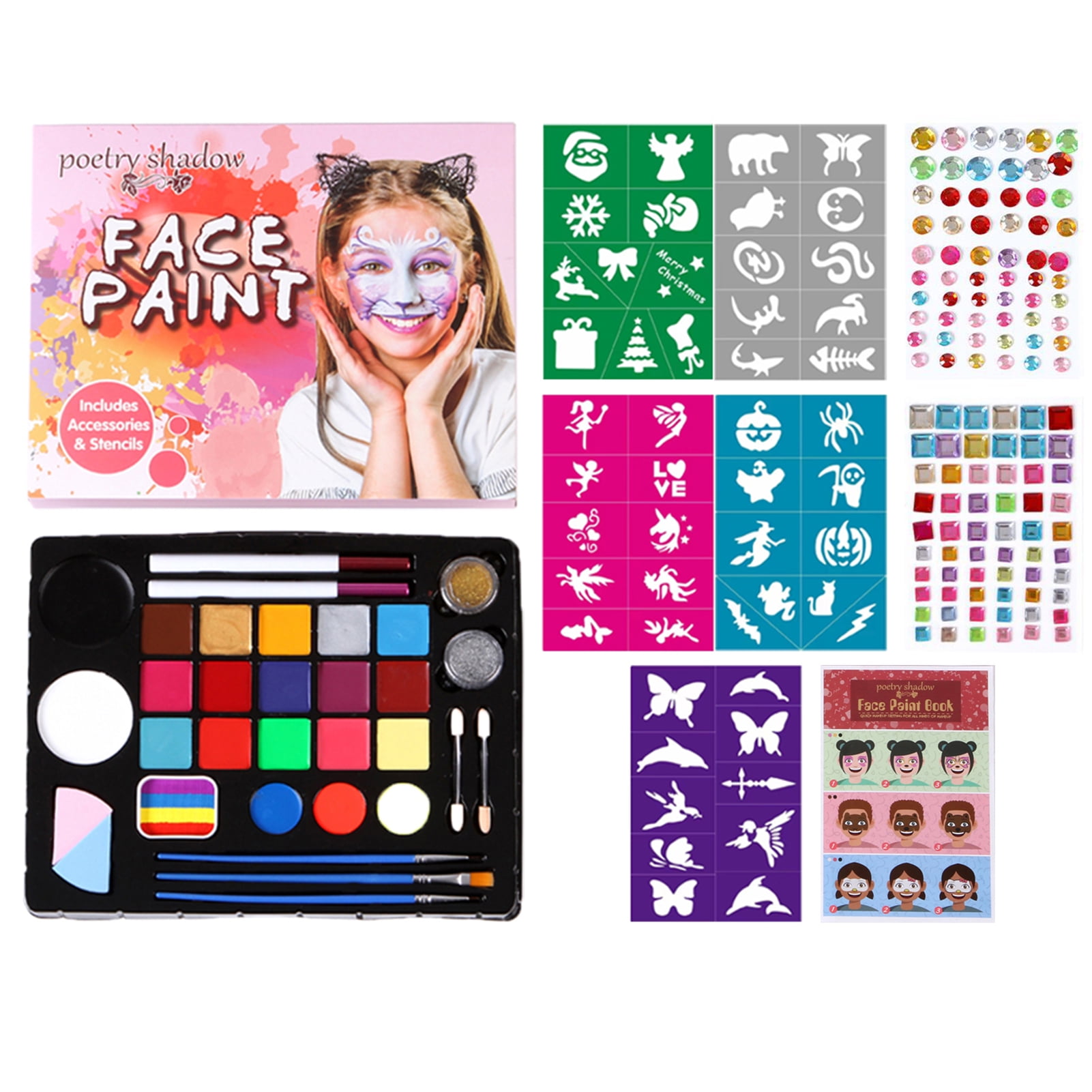 Anself Face Painting Kit 20 Colors Washable Water Based Paints with 3  Brushes 2 Glitters 2 Gen Sticker Sheets Safe & Non-Toxic Face Paint Palette  for Halloween Cosplay Costume Party 