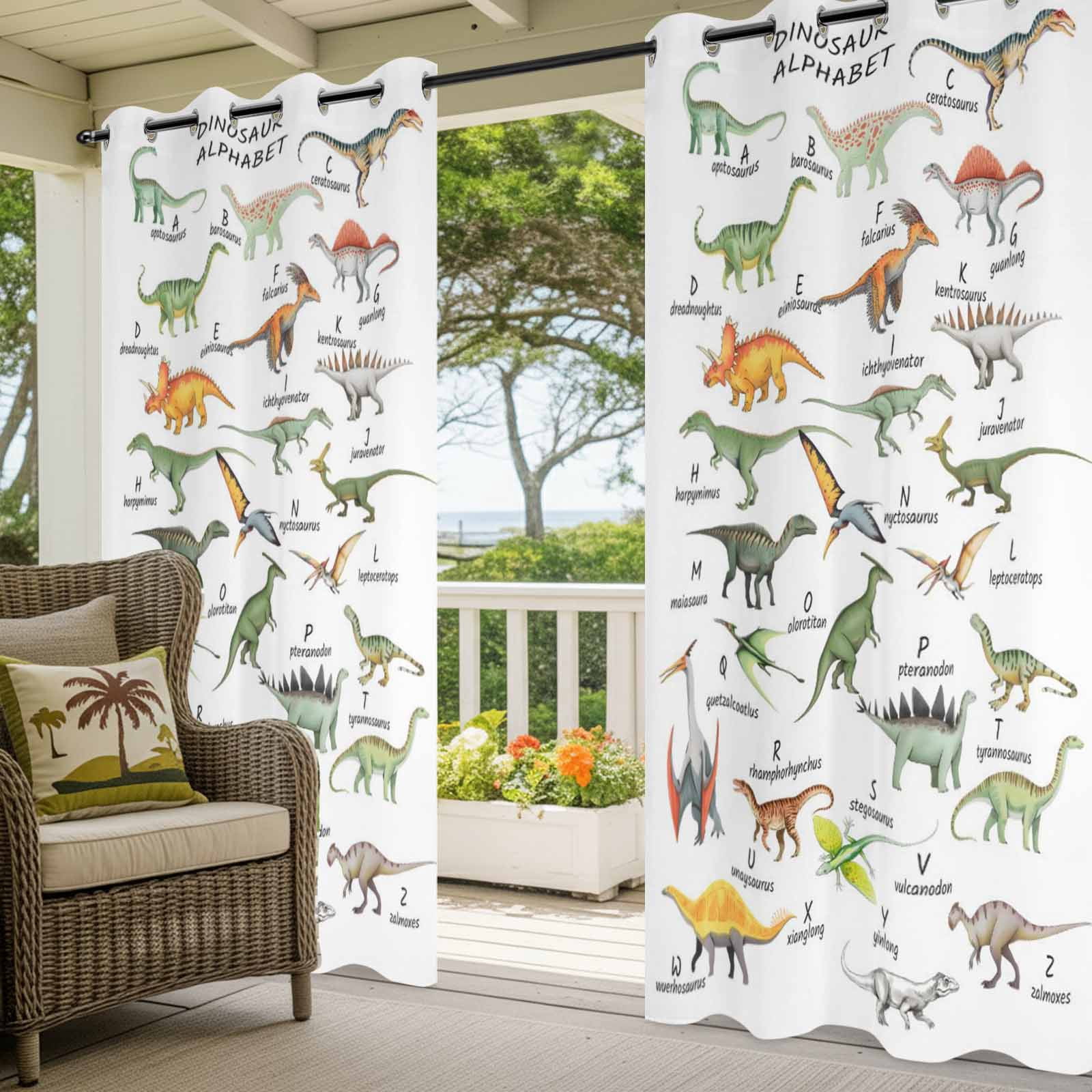 Outdoor Curtains for Patio Waterproof, Dinosaur Windproof Pravicy Outside Porch Blackout Curtain, Funny Dino Cute Cartoon Boys Girls Children Sun Blocking Grommets Curtains for Cabana Gazebo 54"x108"