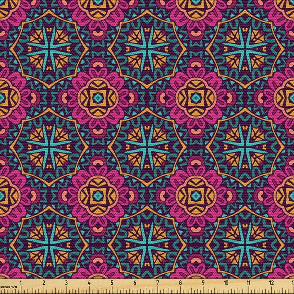 Ambesonne Mexican Fabric by the Yard Upholstery, Mandala Flower Like Print, 5 Yards, Hot Pink Petrol Blue