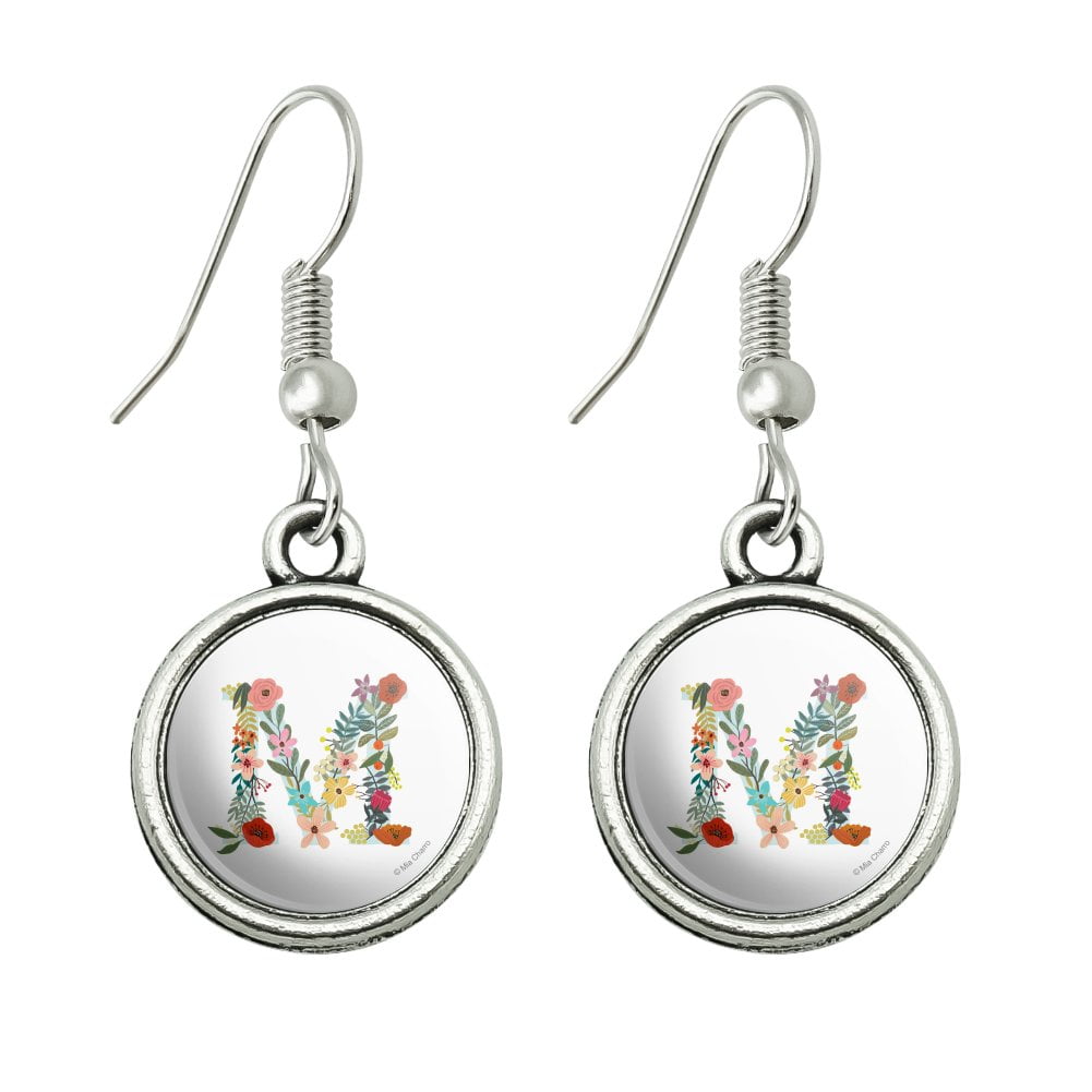 Letter M Floral Monogram Initial Novelty Dangling Drop Charm Earrings