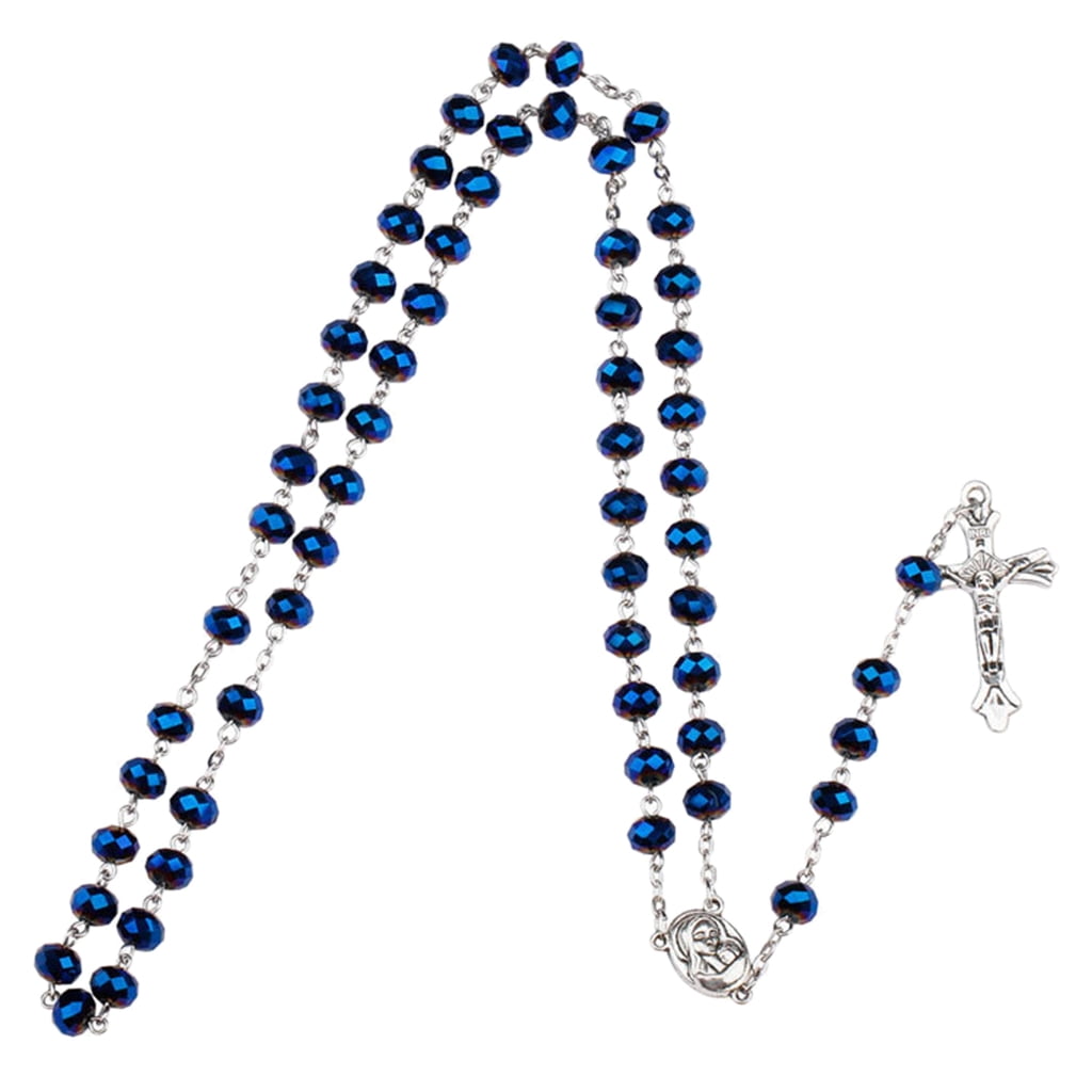 JUNTEX Blue Crystal Beads Catholic Rosary Necklace Holy Land Baby ...