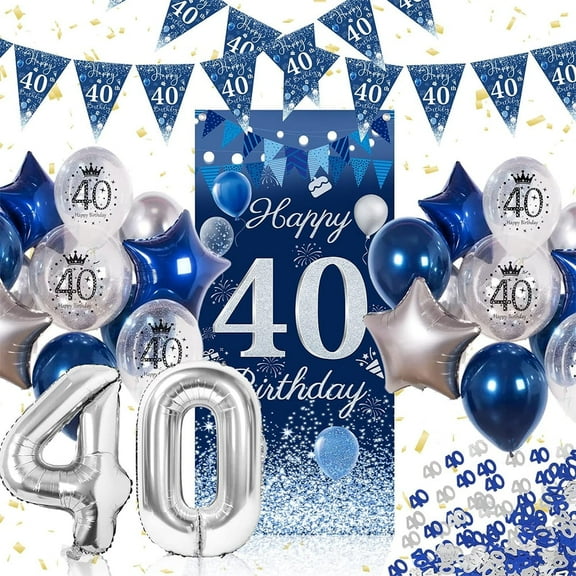 40th Birthday Decorations for Men Women, Blue Silver Happy 40th Birthday Decorations Door Banner 32" Number 40 Foil Balloon 22PCS Balloons Triangle Flag 40 Year Old Birthday Party Sign Supplies