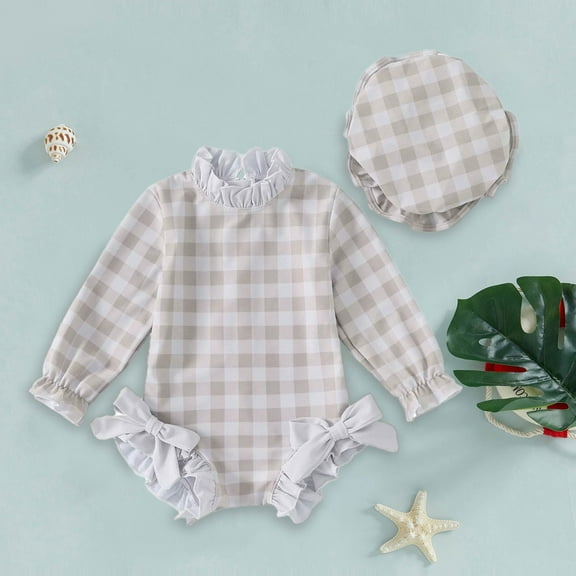 Toddler Girl 2 Piece Swimsuit Plaid Long Sleeve Bowknot Bathing Suit Kids Girl Ruffled Swimwear Beachwear with Hat,Khaki,0-3 Months