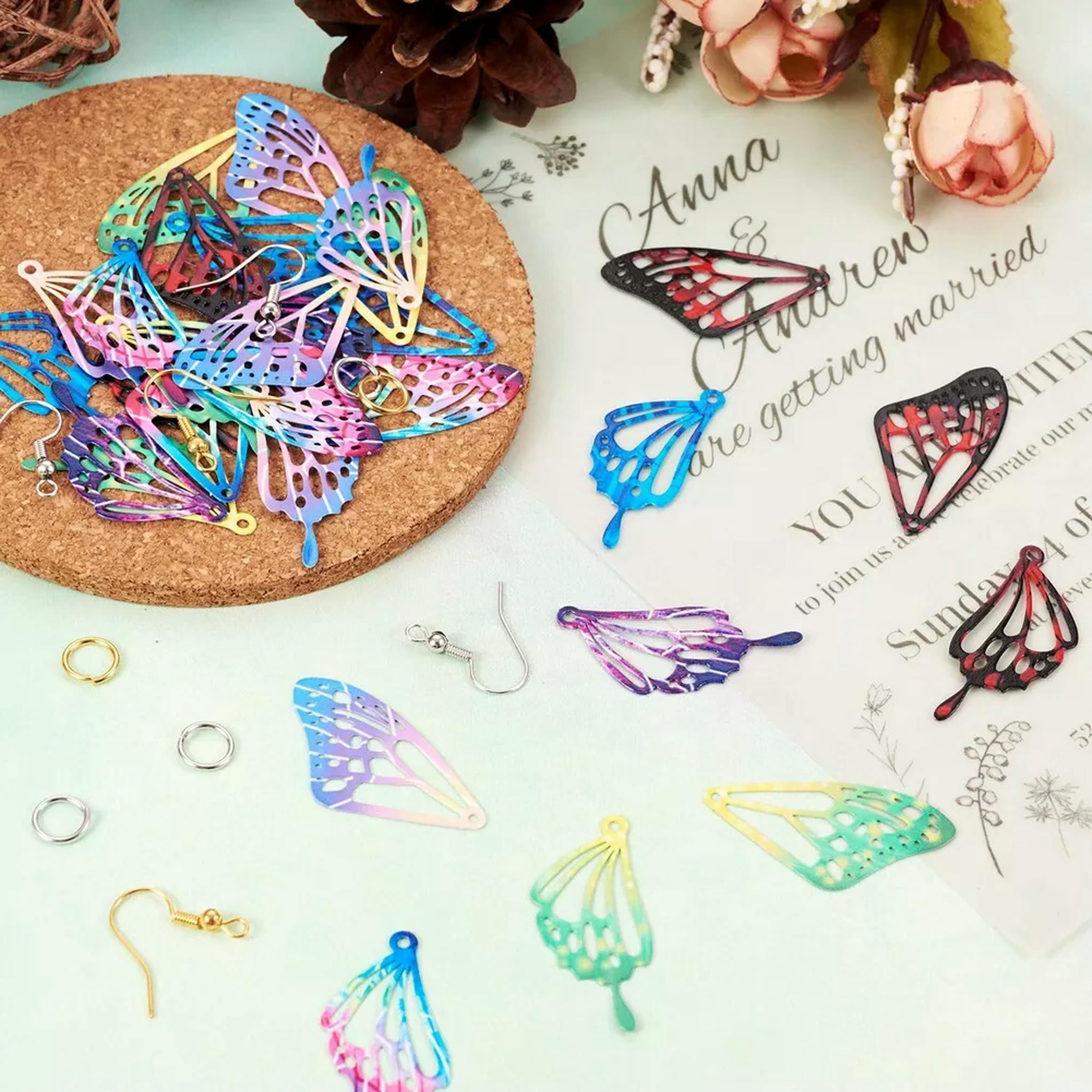 U8MO 1 Box Stainless Steel Pendants Filigree Butterfly Wing Dangle Earring Making Kit