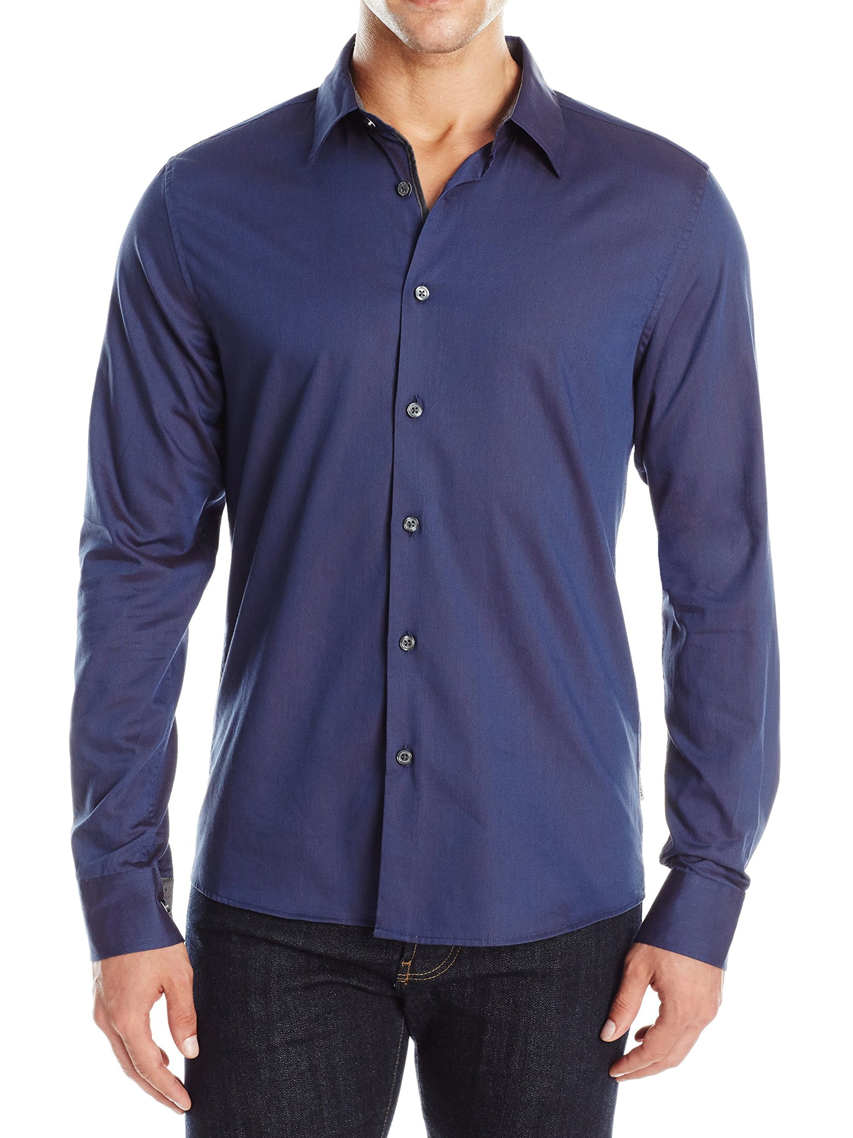 Kenneth Cole Mens Super Slim Fit Texture Button Up Shirt, Blue, Large ...